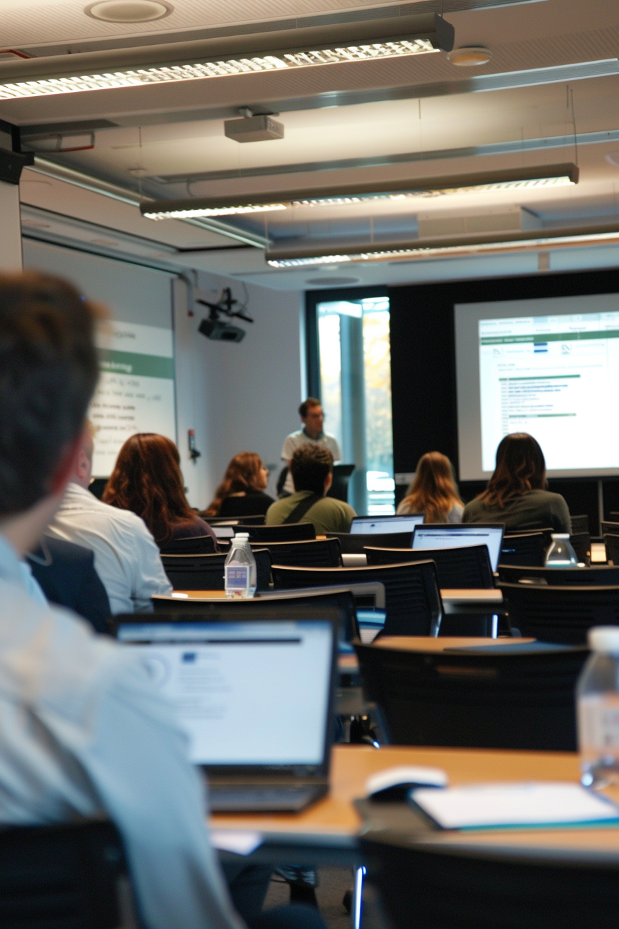 buchhaltung_mit_sap Ein heller Seminarraum Menschen (Erwachsene) sitzen an Laptops, konzentriert bei einer SAP-Schulung. Im Hintergrund ein Dozent, Flipchart oder Bildschirm mit SAP-Interface. Stimmung: professionell, motivierend, praxisnah